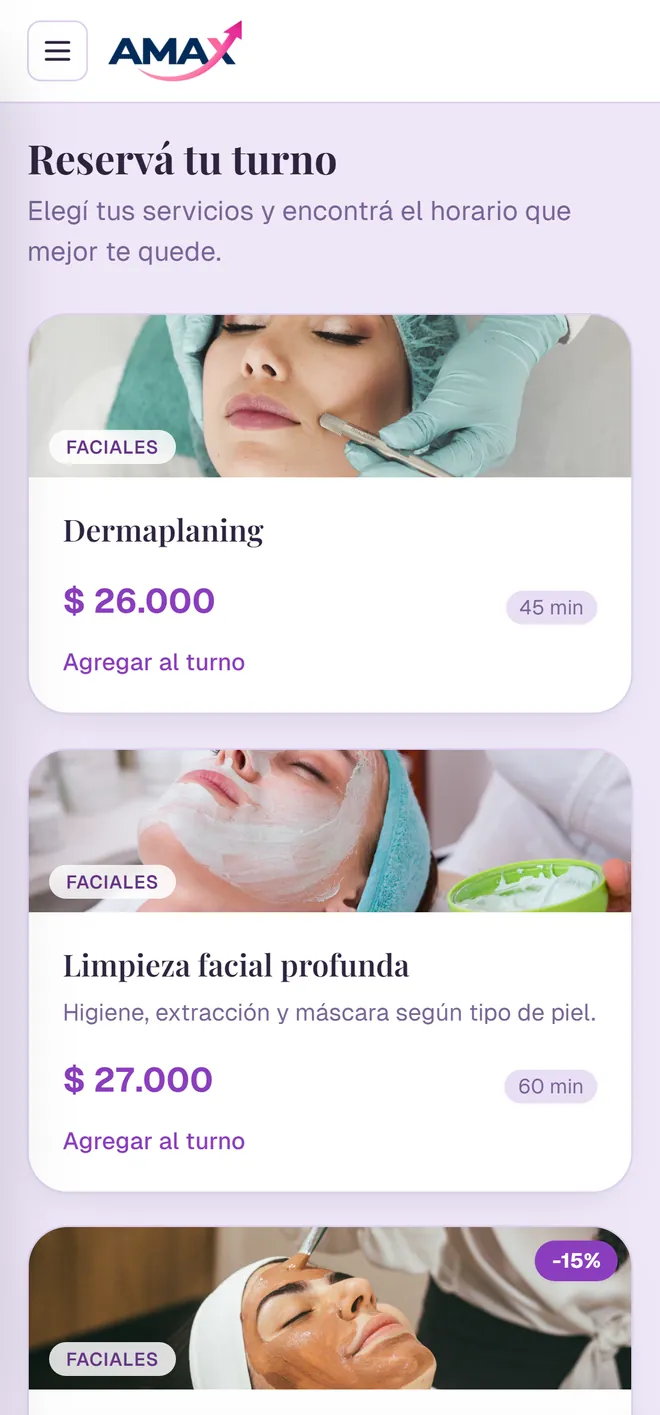 Pantalla de reserva de AMAX en un celular: el catálogo de tratamientos con foto, precio y duración.
